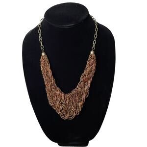 Vintage Woven Seed Bead Bib Necklace Iridescent Copper Orange Antique Gold